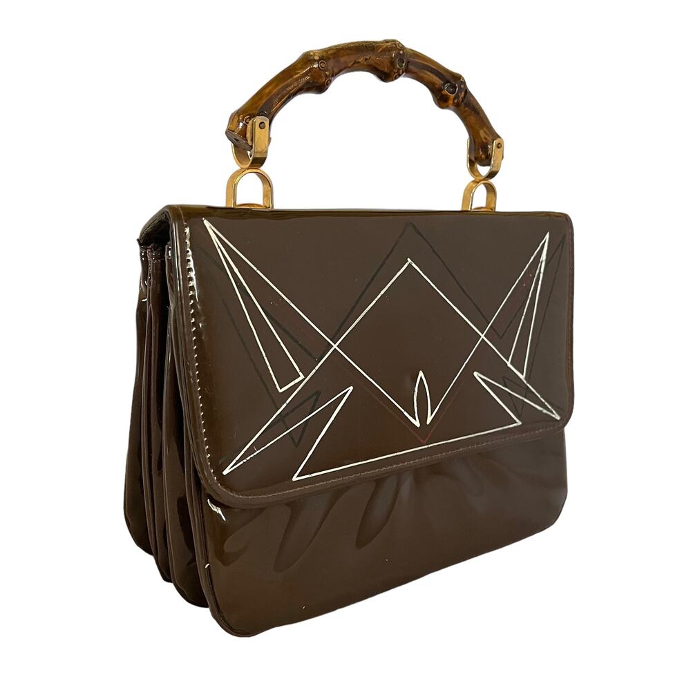 Vintage Brown Vinyl Hand-Painted Accordion Satchel Handbag with Wooden Handle